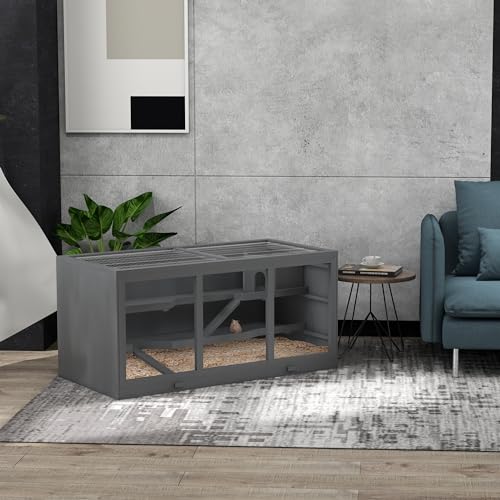 PawHut Extra Large Wooden Hamster Cage, Gerbil Habitat with Opening Roof, Gray